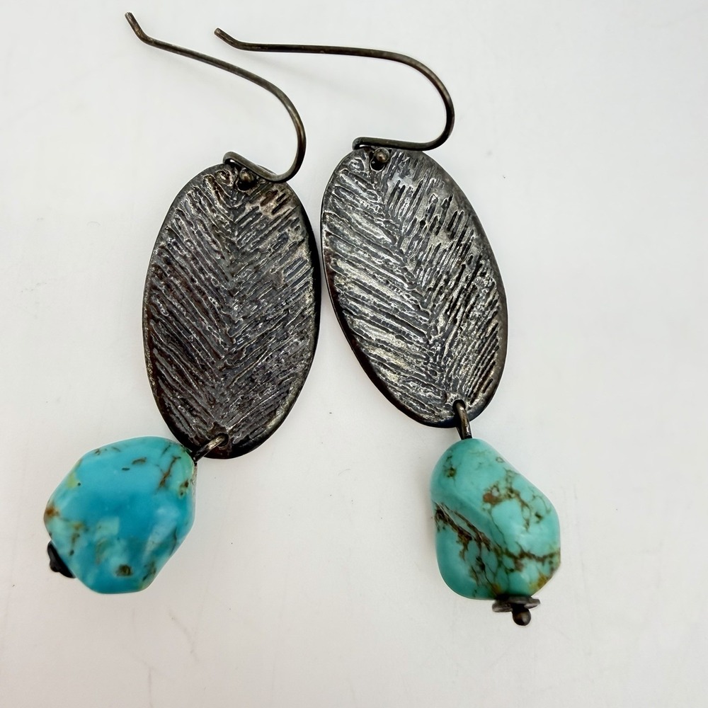 Vtg Sterling‎ Silver Turquoise Earrings Leaf Dangle Nugget Signed
